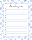 Empty printable list template for seasonal winter planning with snowflake decor vector illustration