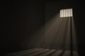 Empty prison cell. Light rays shining through window in jail. 3D rendered illustration Royalty Free Stock Photo