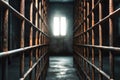 Empty Prison Corridor with Open Cell Bars and Window. Generative Ai Royalty Free Stock Photo