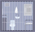 Empty prison, jail or detention center room with bed, toilet and sink and other facilities behind bars or grid. Place