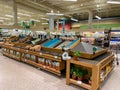 Empty produce department shelves at a Publix grocery store due to the people panicing and hoarding paper and food products