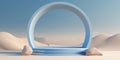 Empty product display with magic arch. Surrealism blue round podium. Atmospheric escapism installation. Minimalist landscape