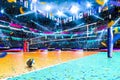 Empty professional volleyball court with spectators no players