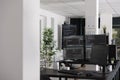 Empty programming office with computer monitors on desk Royalty Free Stock Photo