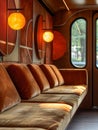 Empty public transportation with upholstered seats and warm lighting. Royalty Free Stock Photo