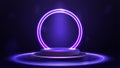 Empty purple podium floating in the air with purple neon rings on background and hologram of digital rings on a floor