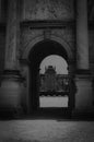 Empty quarantine Paris museum de Louvre without tourists black and white arch