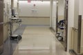 Empty quiet hospital hallway with a bed and monitor on each side