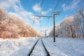 Empty railroad with electric mainline in winter forest