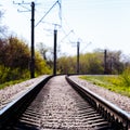 Empty Railroad Tracks with electric pole in forest at sunny summer day Royalty Free Stock Photo
