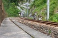 Empty railroad tracks leading into a dark tunnel Royalty Free Stock Photo