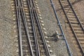 Empty railway tracks with mechanisms for changing direction of movement, top view