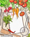 Empty recipe list frame with healthy organic vegetables and kitchen utensil