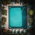 Empty rectangular blue swimming pool. Modern pool top view. Summer vacation in luxury resorts concept. Generative AI Royalty Free Stock Photo