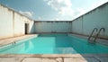 Empty rectangular swimming pool with clear turquoise water inside high aged white walls. Rusty metal ladder leads down into pool. Royalty Free Stock Photo
