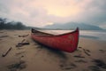 Empty red canoe resting on beach. AI Generated