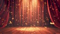 An empty red curtain stage with golden confetti falling on a wooden floor and a spotlight in front. Theater, opera Royalty Free Stock Photo
