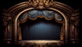 Empty red curtain stage, wooden floor with spotlight. Theater, opera scene with drape, concert or cinema grand opening Royalty Free Stock Photo