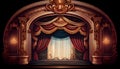 Empty red curtain stage, wooden floor with spotlight. Theater, opera scene with drape, concert or cinema grand opening