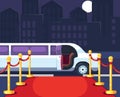 Empty red event carpet with rope barrier. Luxury ride limousine with opened door on cityscape background. Celebrity