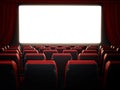 Empty red movie theater seats and blank cinema screen. 3D illustration Royalty Free Stock Photo