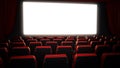 Empty red movie theater seats and blank cinema screen. 3D illustration Royalty Free Stock Photo