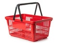 Empty red plastic shopping basket with black handles Royalty Free Stock Photo