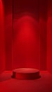 Empty red podium on stage with spotlight, studio product display background concept