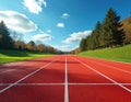 Empty red running track stretches towards horizon under blue sky with clouds. Lined path leads through green fields and autumn Royalty Free Stock Photo