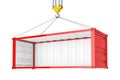 Empty Red Shipping Container with Removed Side Wall During Transportation with Crane Hook. 3d Rendering Royalty Free Stock Photo