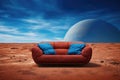 Empty red sofa with a blue pillows on the surface of alien planet Royalty Free Stock Photo