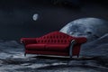 Empty red sofa on the moon surface with a view of space. Concept for space exploration, space travel Royalty Free Stock Photo