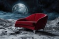 Empty red sofa on the moon surface with a view of space Royalty Free Stock Photo