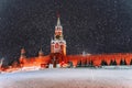 Empty Red Square without people. Spasskaya Tower and the Kremlin wall