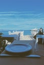 Empty restaurant by the Aegean sea and cruise boat, travel and nature Royalty Free Stock Photo
