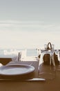 Empty restaurant by the Aegean sea and cruise boat, travel and nature Royalty Free Stock Photo