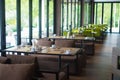 Empty restaurant part of hotel with table and armchair near windows and garden view