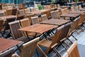 Empty restaurant, empty tables and chairs in restaurant on day o Royalty Free Stock Photo