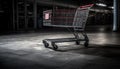 Empty retail store with modern metal shopping cart and wheel generated by AI