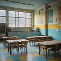 Empty Retro School Cafeteria with Tables and Chairs vintage Royalty Free Stock Photo