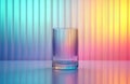 Empty ribbed glass on modern table. Vibrant gradient background with blue green purple yellow pink violet colors. Trendy colors.