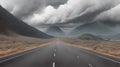 An empty road, a dark dramatic landscape as a background, a gloomy sky with rainy clouds, hills and a city in the distance.