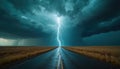 Empty road leads toward intense storm with bright lightning strike. Dark ominous clouds hover over prairie landscape. Dramatic Royalty Free Stock Photo