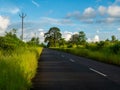 Empty road with lush green grass and trees. Rural india Royalty Free Stock Photo
