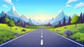 An empty road with markup on a scenic summer mountain backdrop. Two-lane asphalt straight road with rocks, trees, and