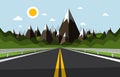 Empty Road with Mountains and Hills on Background. Sunny Day Cartoon with Highway.