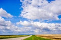 Empty road on prairie under blue sky and clouds Royalty Free Stock Photo