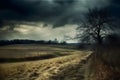 an empty road in a rural landscape with tree under dark skies