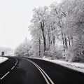 Empty road with snow covered landscape. Beautiful winter seasonal background for transport and cars. Royalty Free Stock Photo