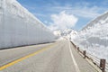 Empty road and snow wall at japan alps tateyama kurobe alpine Royalty Free Stock Photo